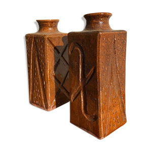 paire de vases en céramique marron vernissée des années 1960