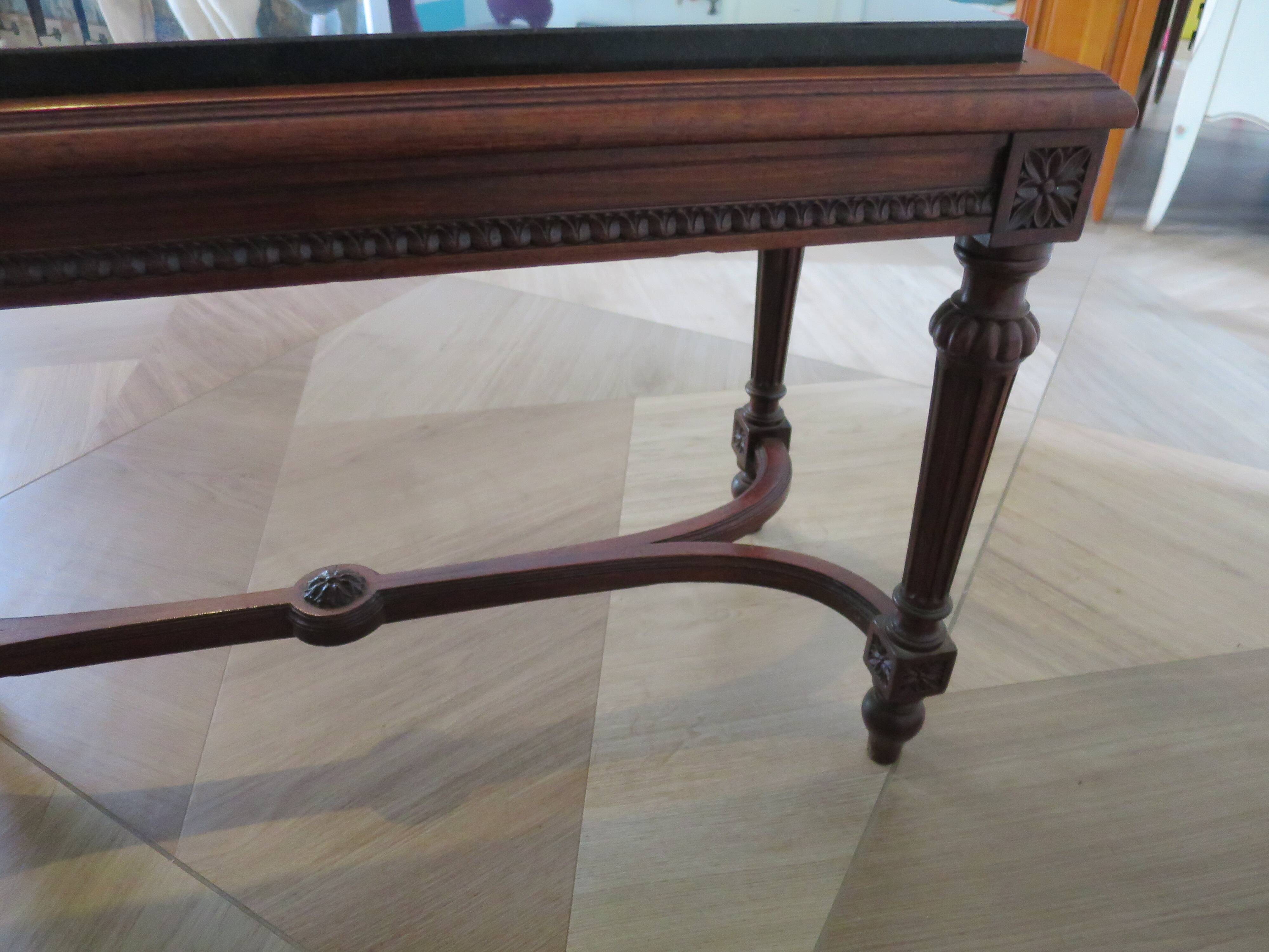 Coffee table - black marble top - Louis XIII style - H-shaped crossbar base