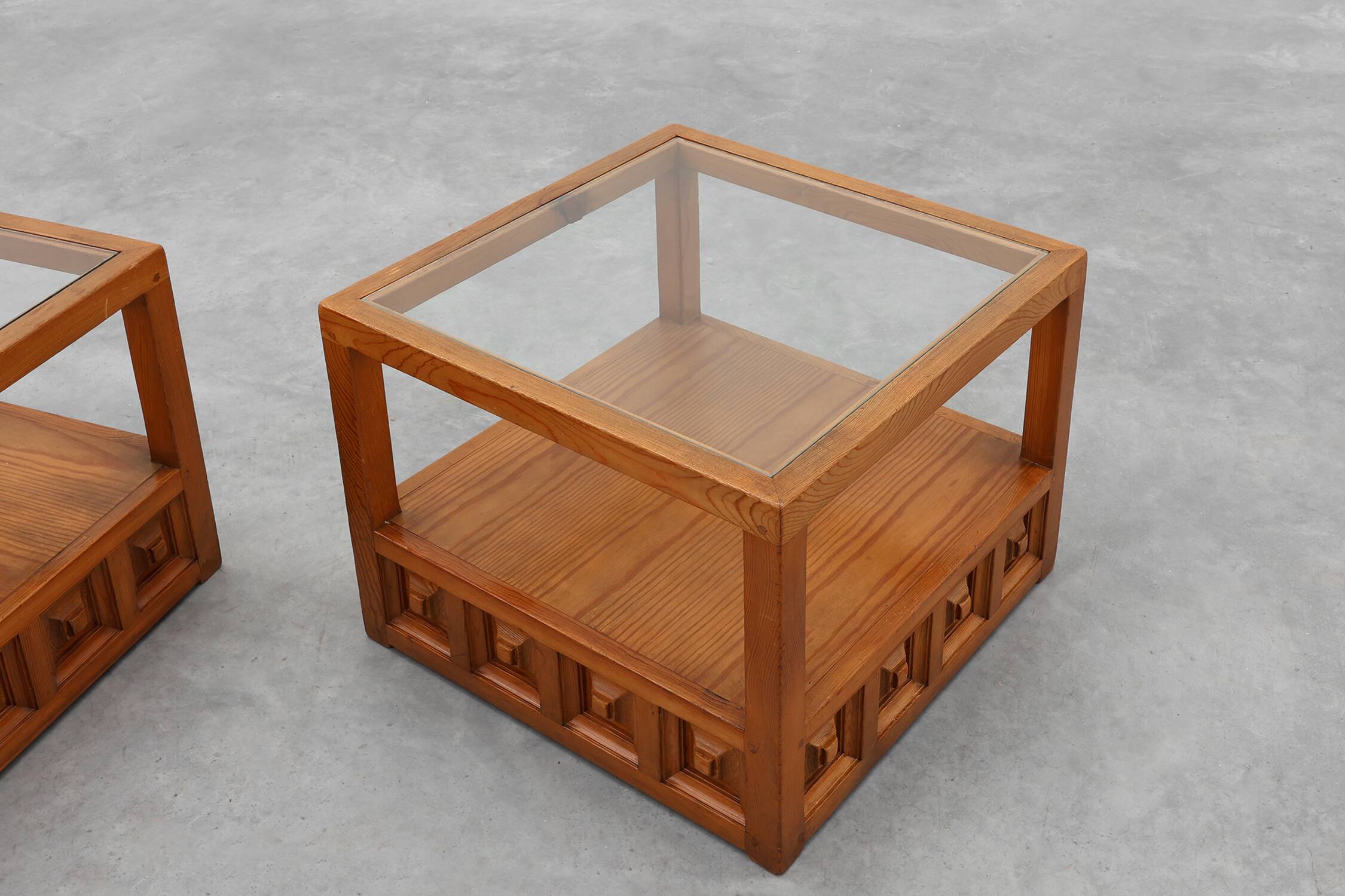 Pair geographical designed square Biosca coffee tables in pine wood, Spain