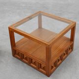 Pair geographical designed square Biosca coffee tables in pine wood, Spain