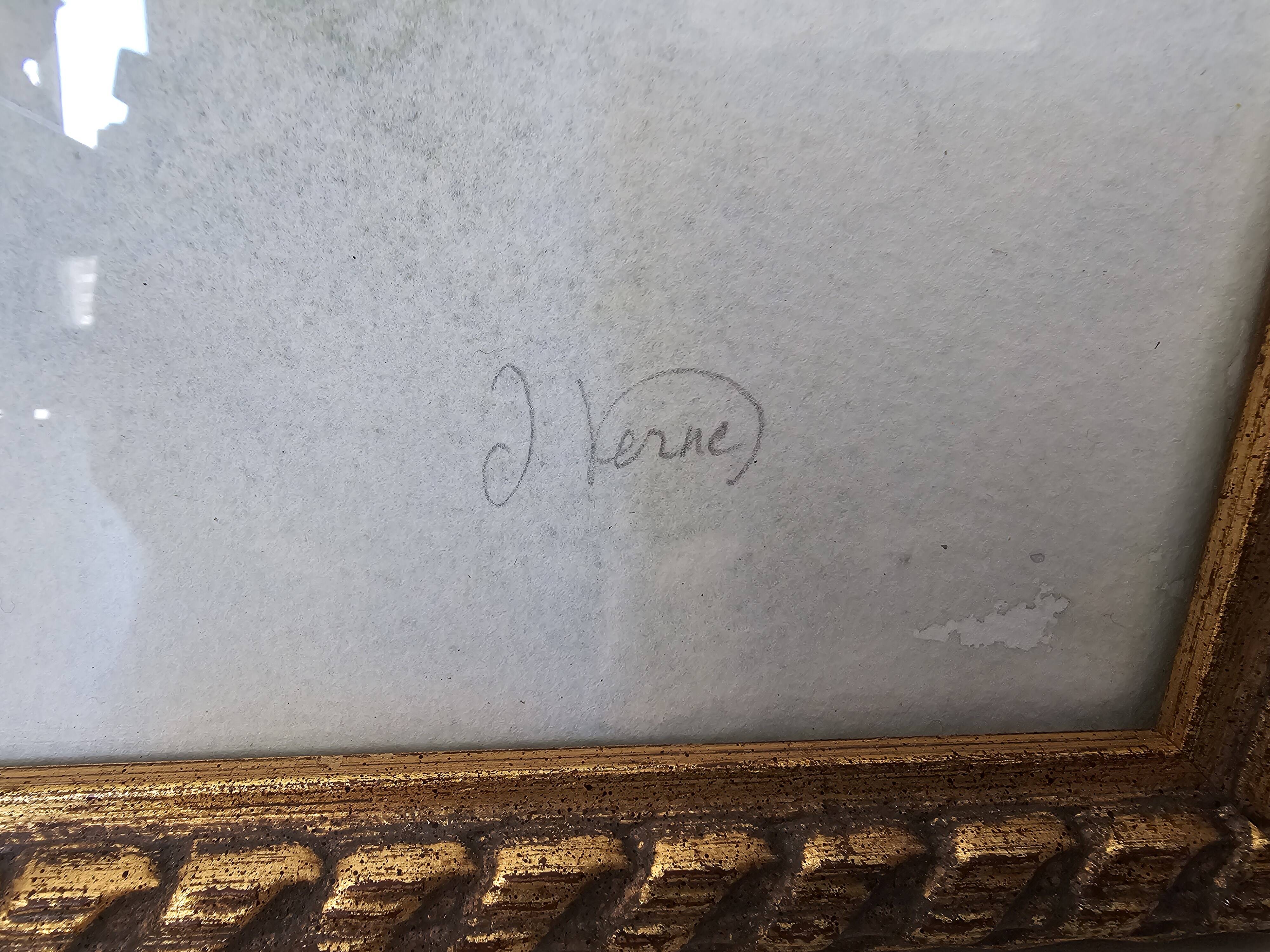Tableau Aquarelle Fleurs Hortensia Signé J. Verne