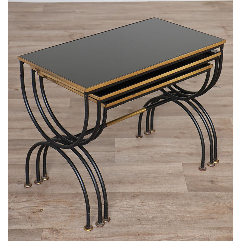 Vintage nesting tables in metal and black opaline glass 1950