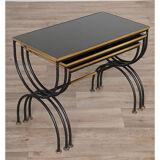 Vintage nesting tables in metal and black opaline glass 1950