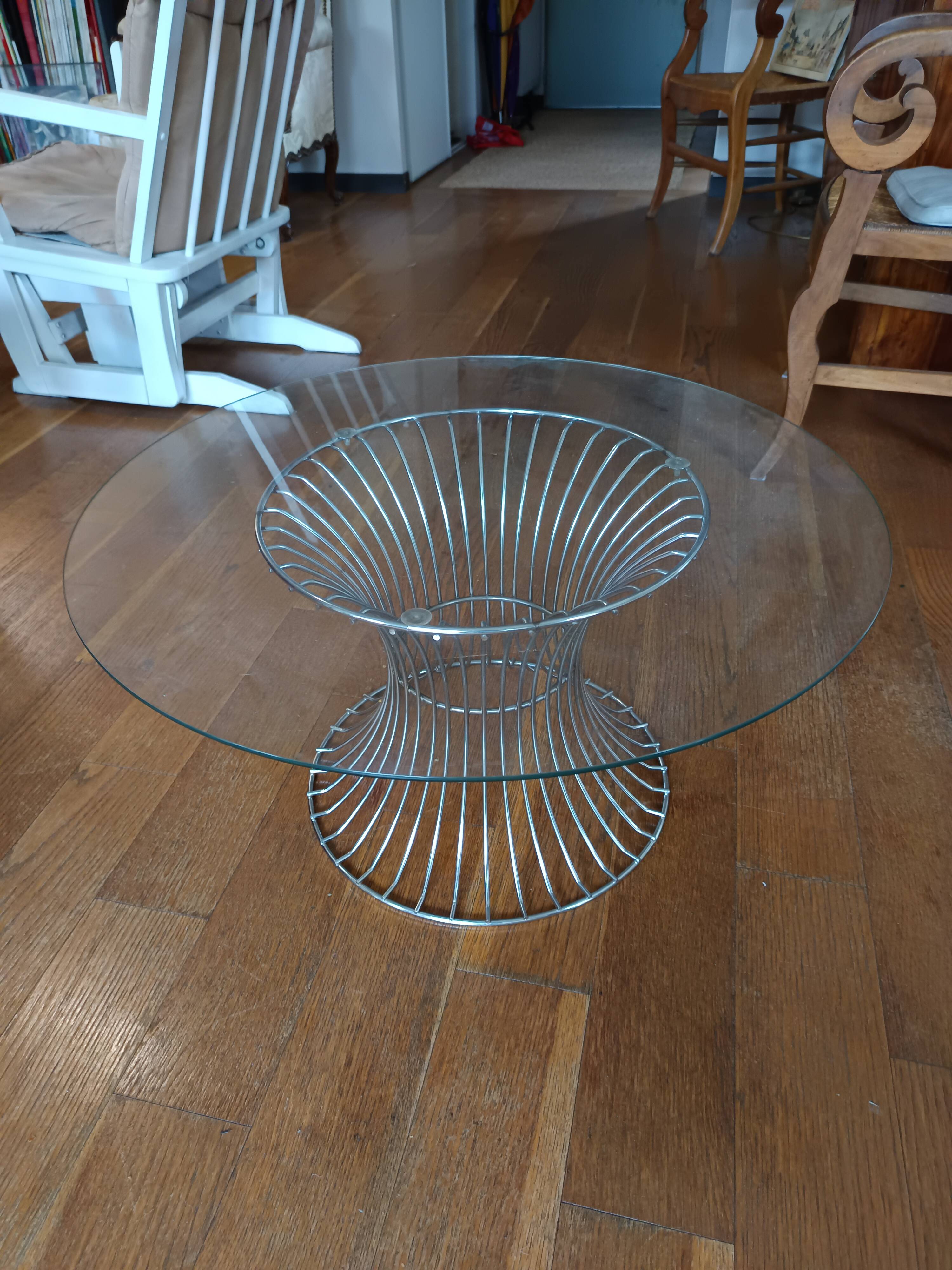 vintage 70s round designer coffee table with wire base