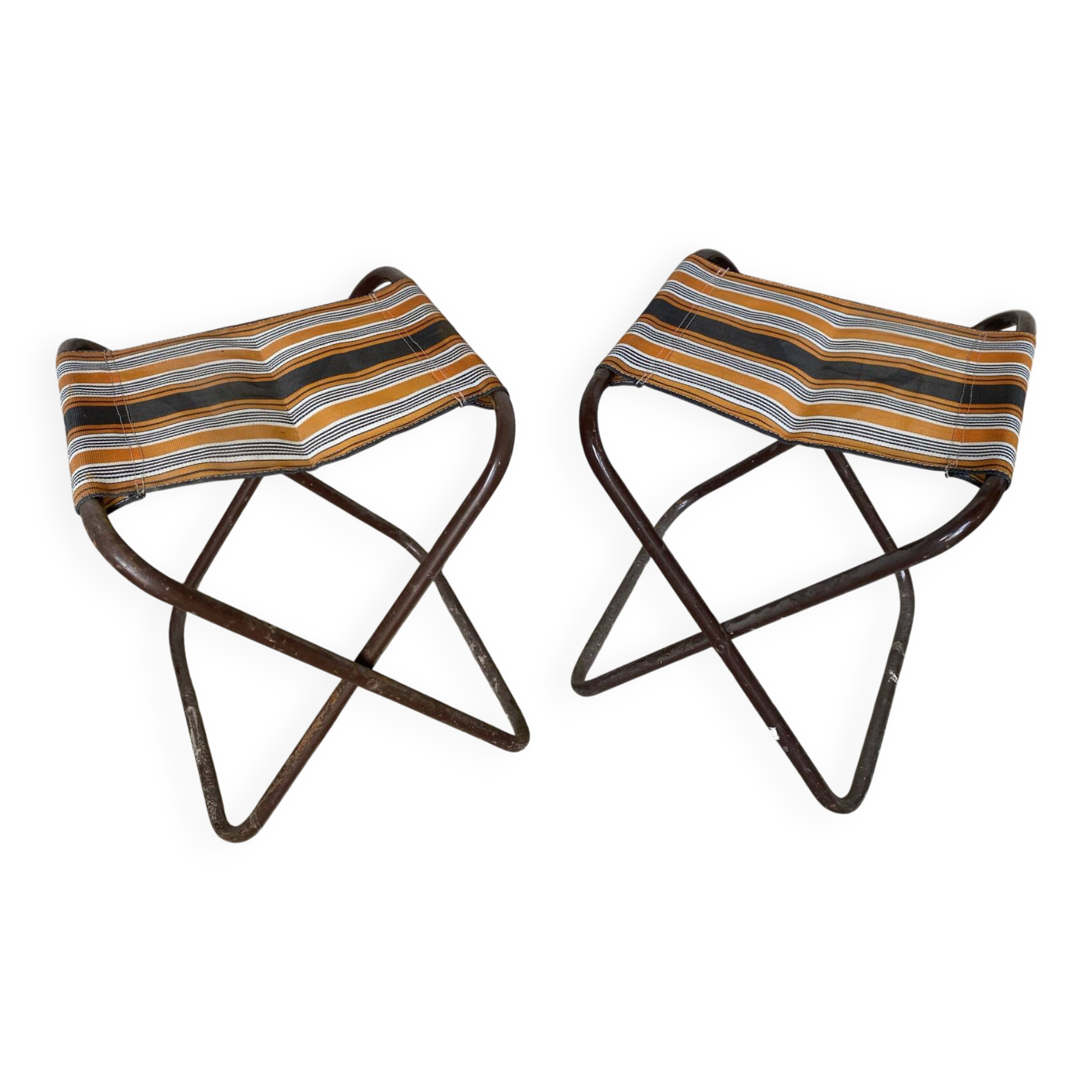 Pair of Folding Camping Fishing Stools Metal Tube + Vintage Fabric #E31