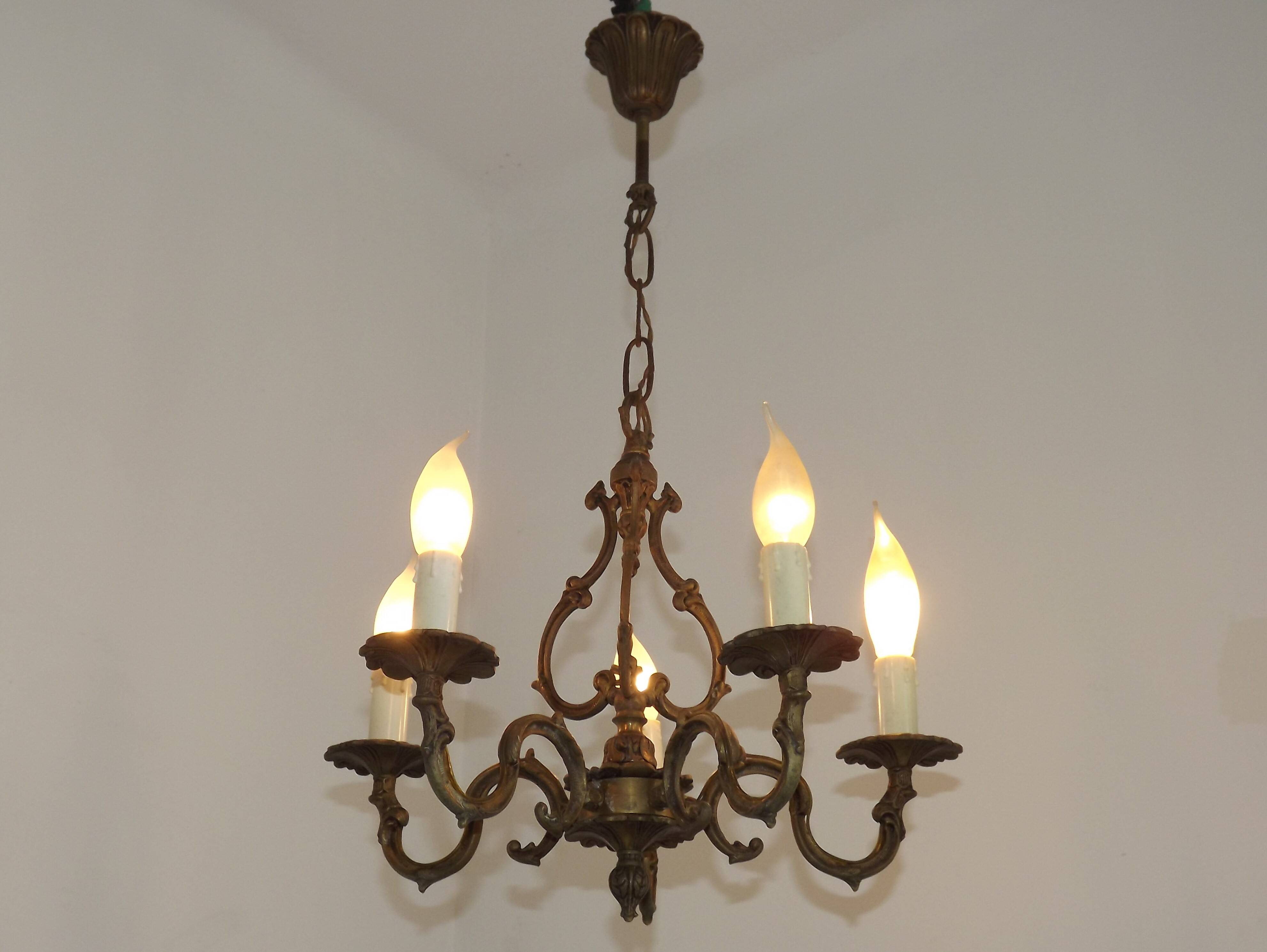 Elegant French Antique Bronze 5 Light 3 Sided Cage Style Chandelier