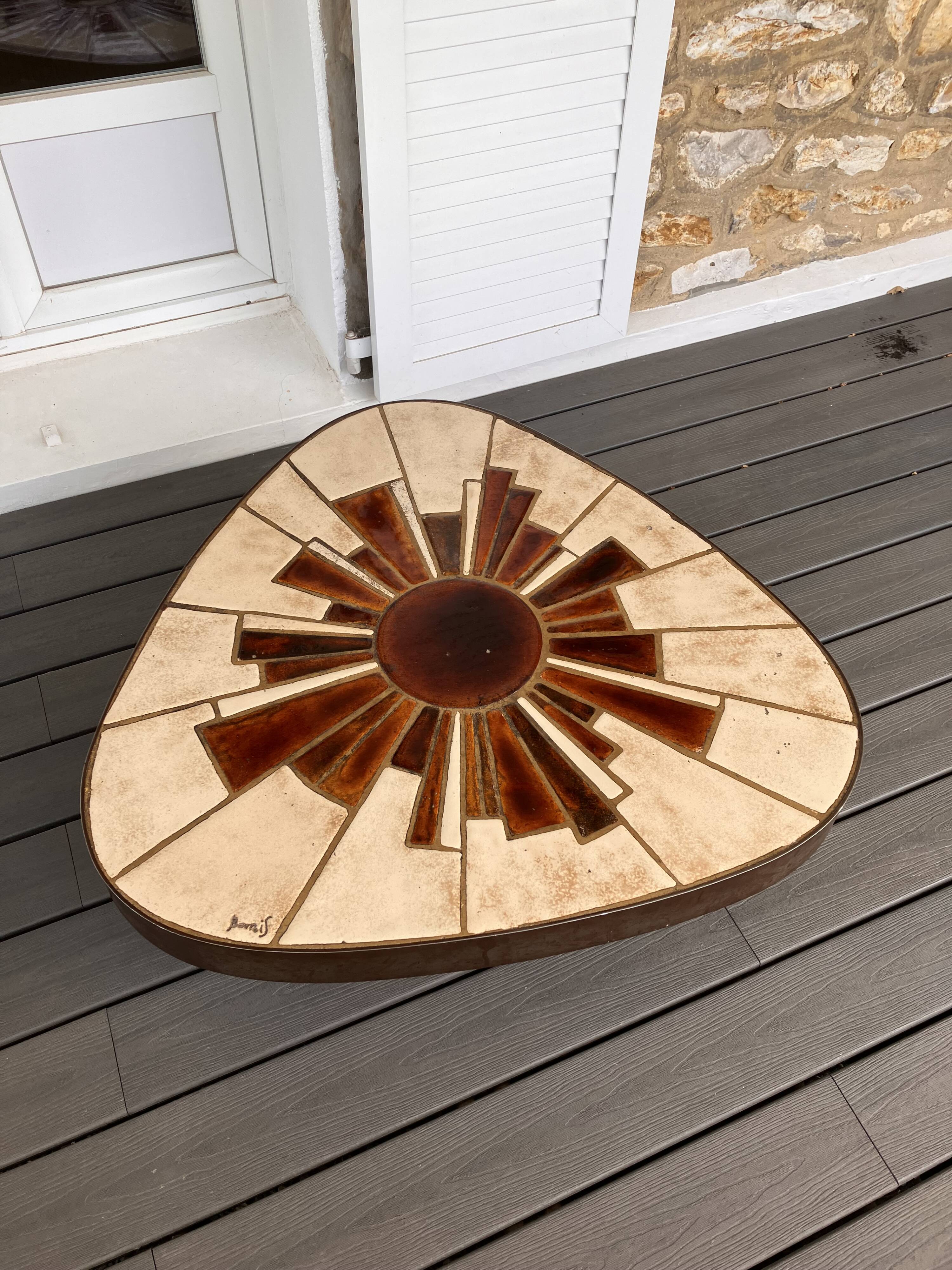 Vintage coffee table in ceramic and metal, signed Barrois.