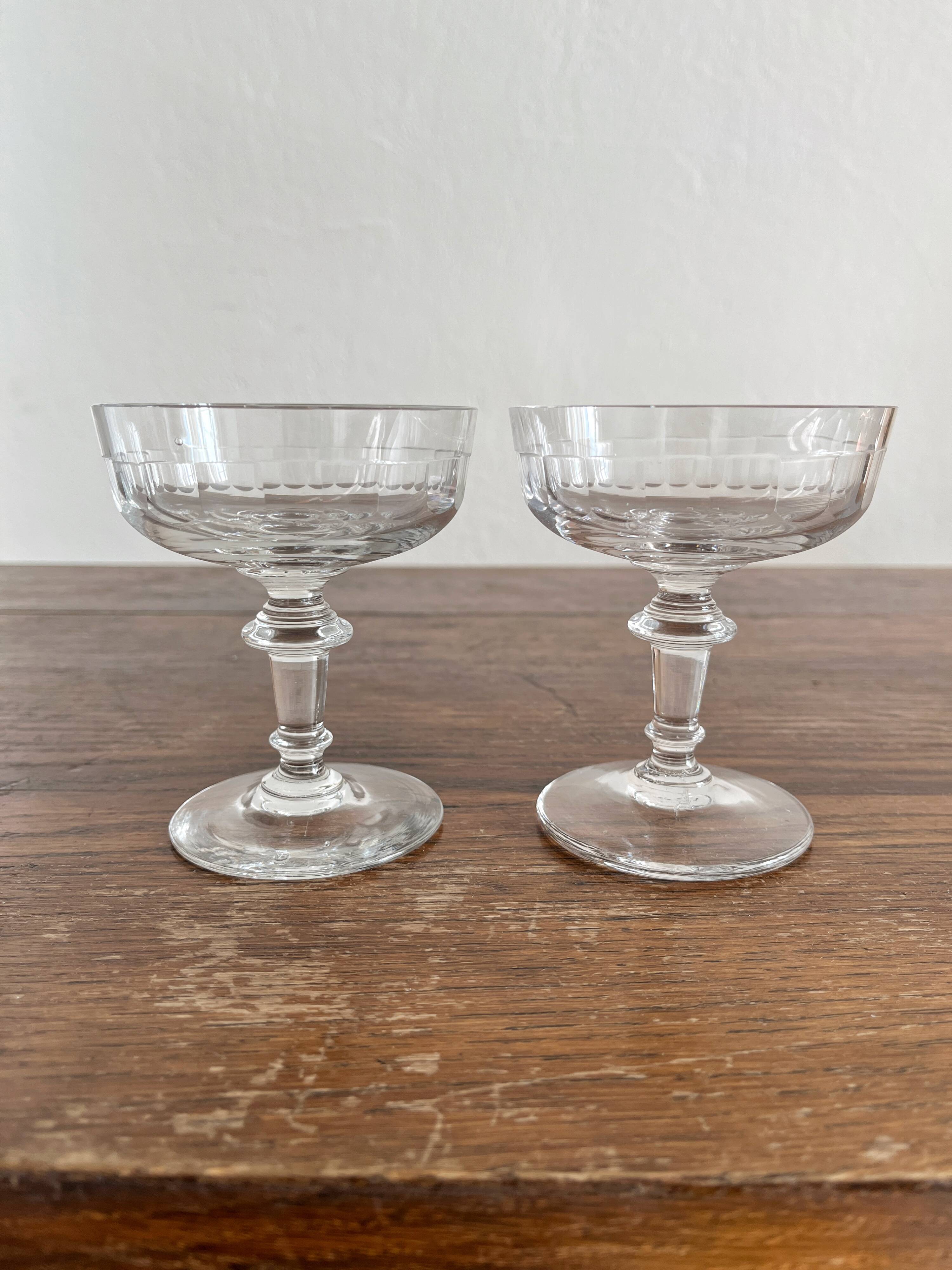 2 antique 19th-century blown glass champagne coupes with flat sides