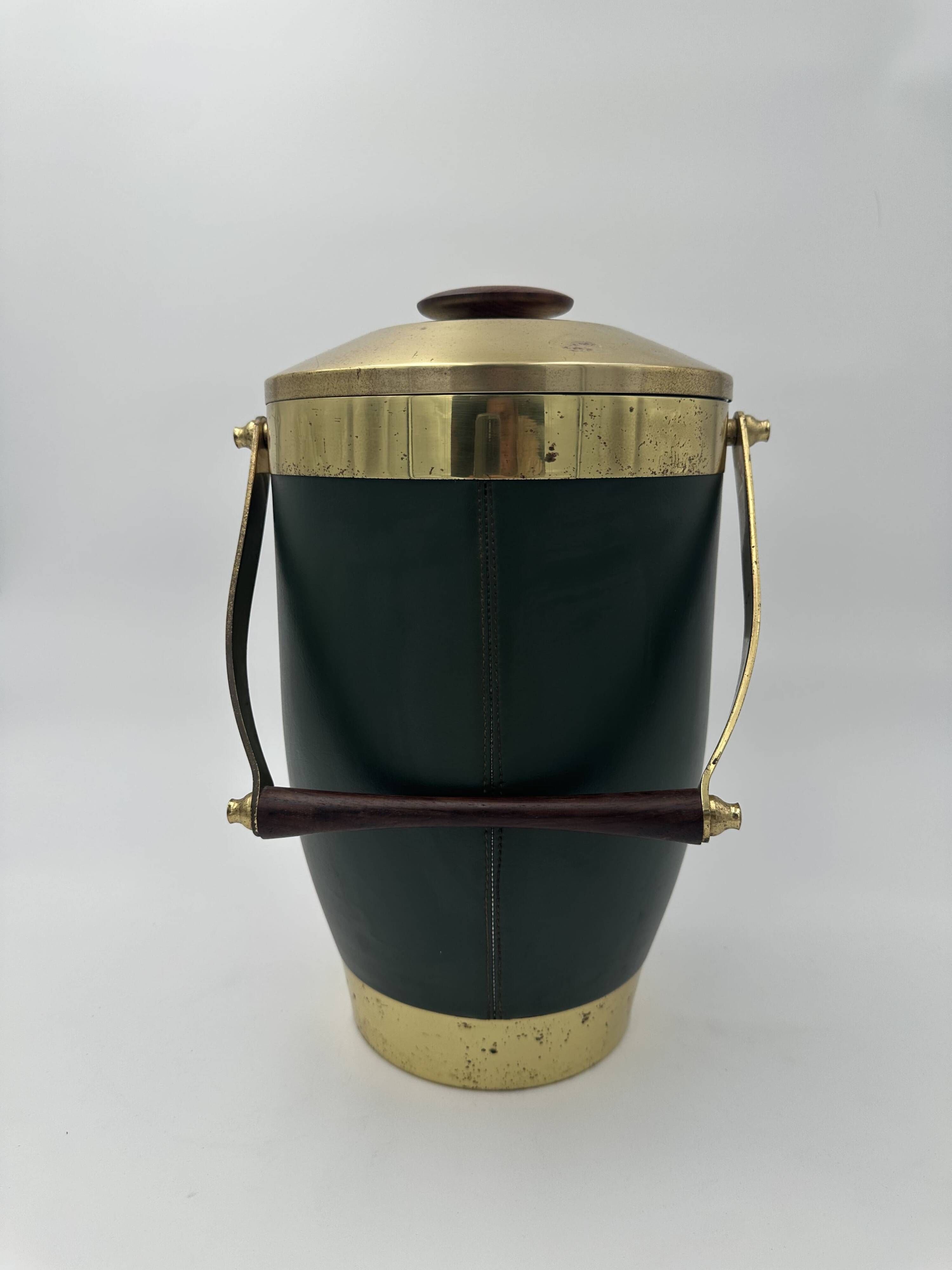 Green Leather and Brass Curved Handle Ice Bucket. Italian Work. V