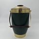 Green Leather and Brass Curved Handle Ice Bucket. Italian Work. V