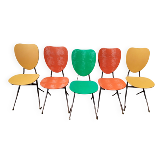 Lot de 5 chaises vintage - skaï beige vert orange - pied métal compas