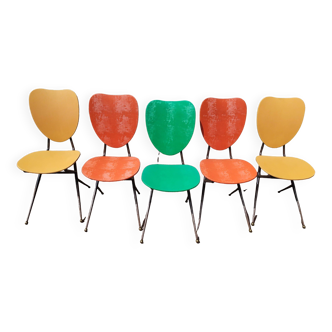 Set of 5 vintage chairs - skai beige green orange - compass metal foot