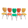 Lot de 5 chaises vintage - skaï beige vert orange - pied métal compas