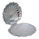 Shell-shaped butter dish in stainless steel and white glass bowl.