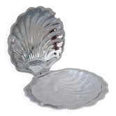 Shell-shaped butter dish in stainless steel and white glass bowl.