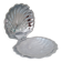 Shell-shaped butter dish in stainless steel and white glass bowl.