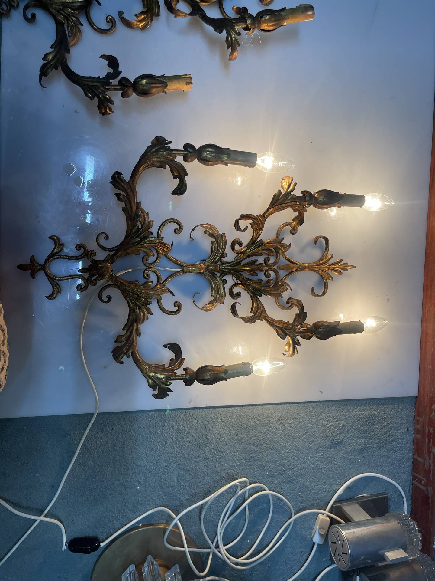 Large Italian Tole Gold Gilded Sconces Set of 2  1960’s 