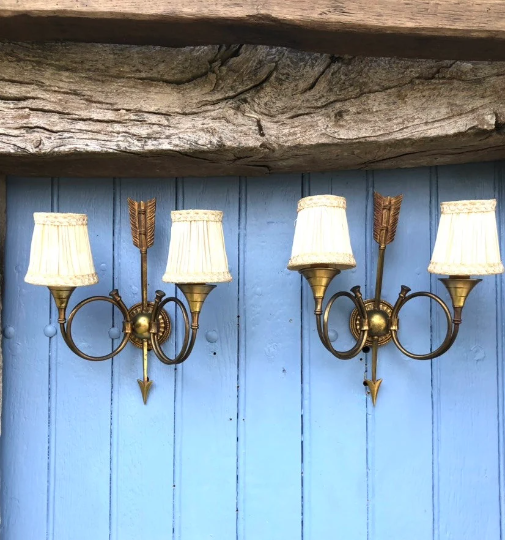 French neoclassical antique wall sconces  highly detailed with hunting horn and arrow motif hunting