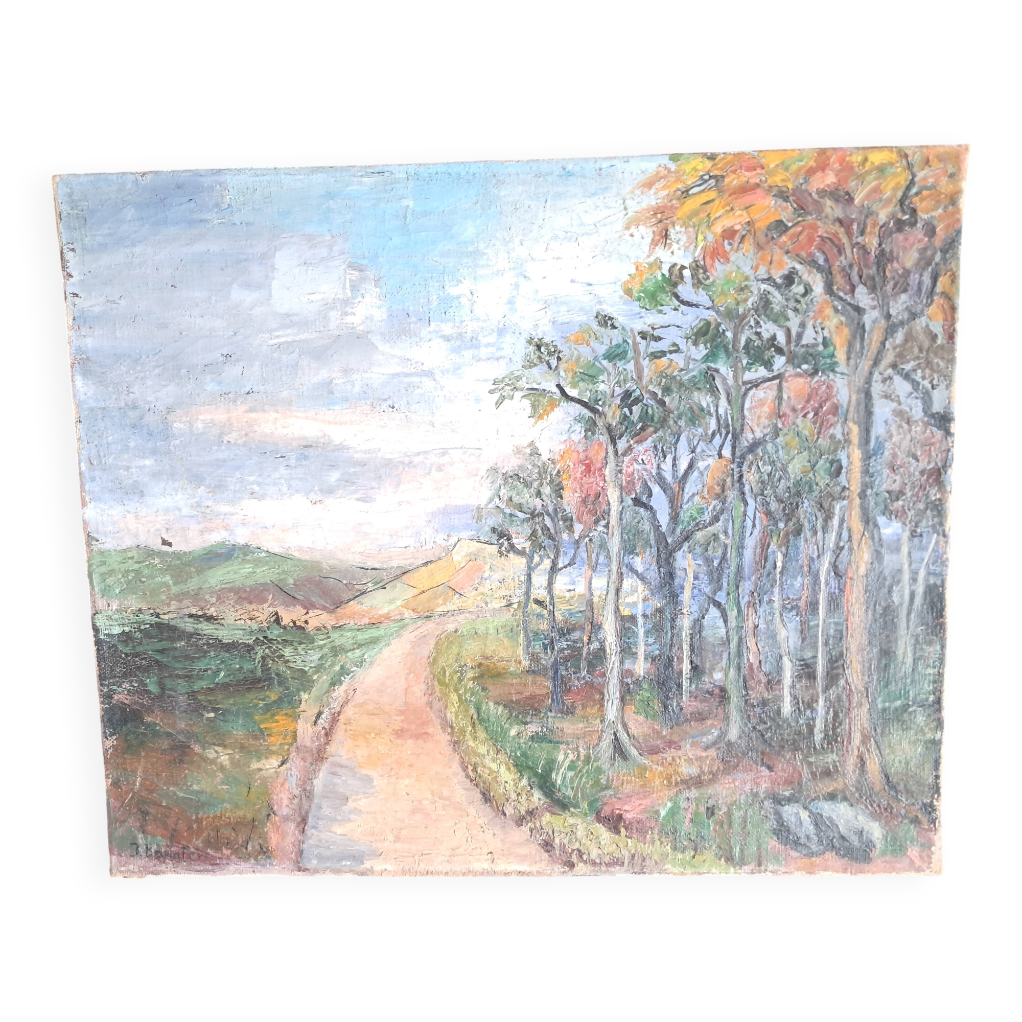 Large old oil painting depicting a landscape.