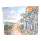 Large old oil painting depicting a landscape.