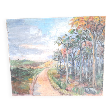Grand tableau ancien à l'huile représentant un paysage