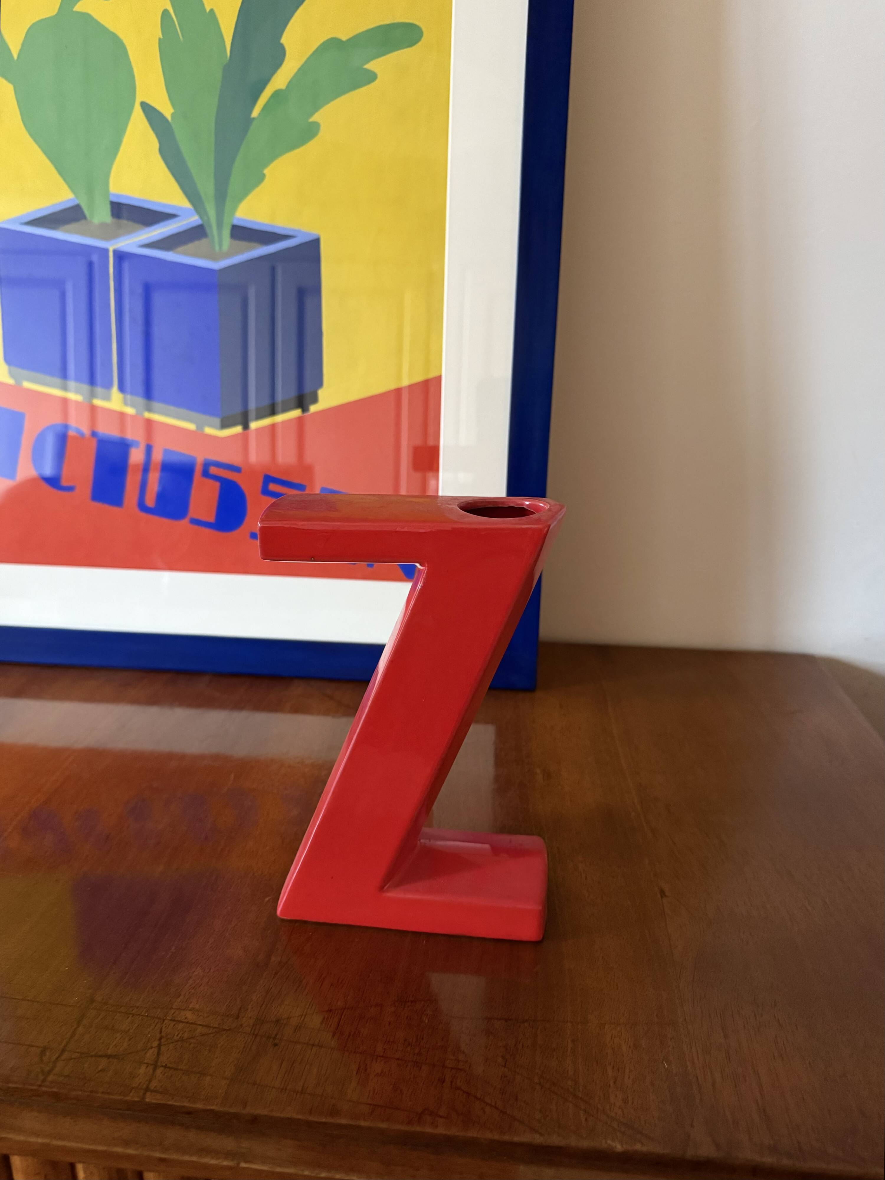 Space age red Z letter ceramic solifleur vase, Marcel Radureau France 1970