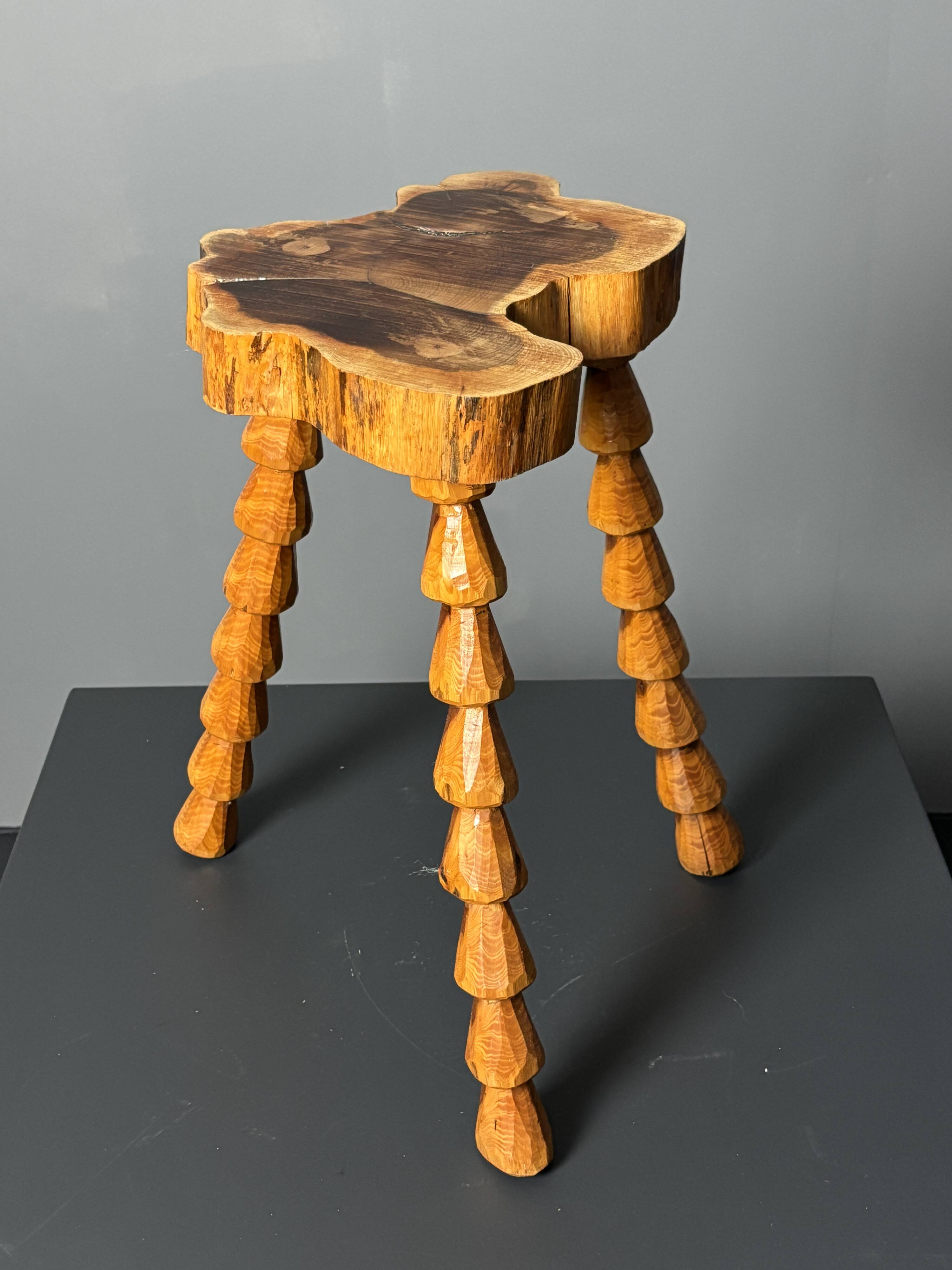 Midcentury brutalist artisanal wood turned handmade tripod stool, ca 1960s