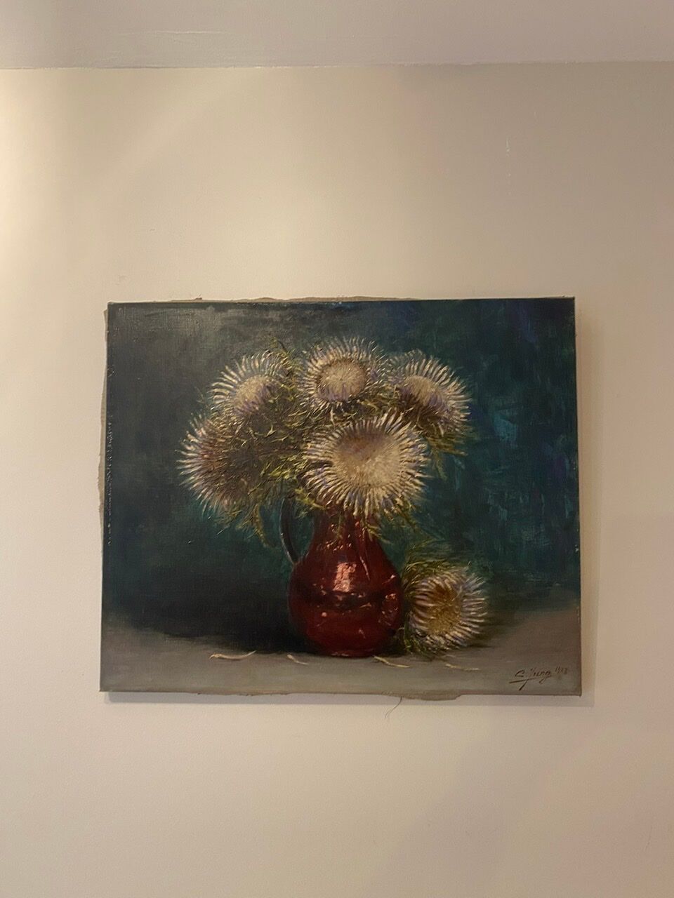 Old painting, still life with thistles signed C.Jung, 1928