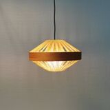 Teak veneer and hemp cord hanging lamp. Estimated 1950-60s