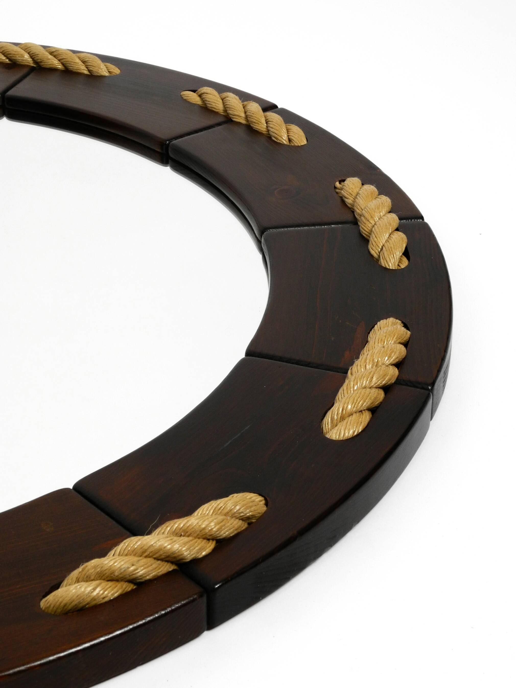 Huge 1970s maritime round pine wood wall mirror from Denmark | ∅ 89cm