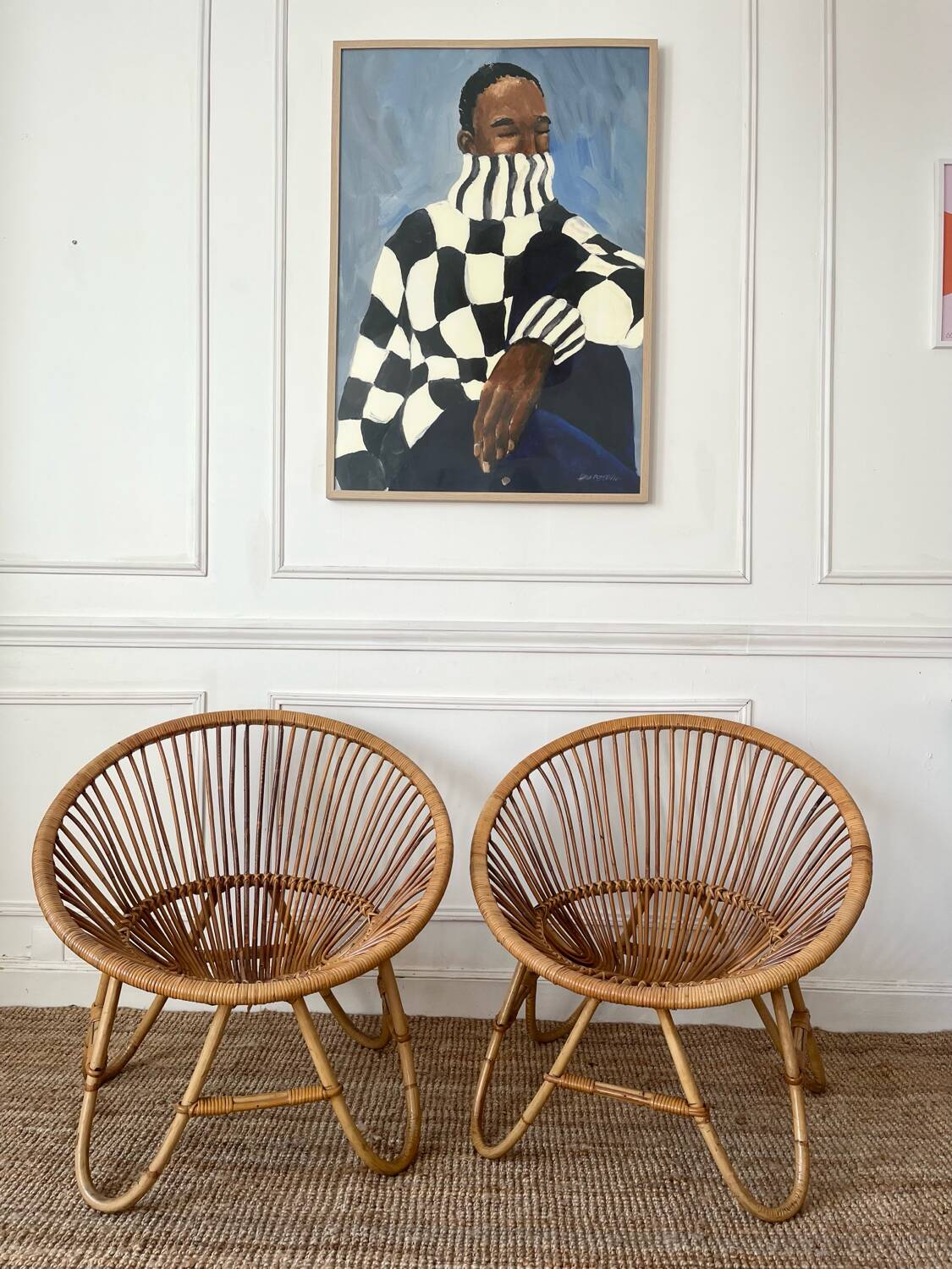 Paire de fauteuils corbeille en rotin , années 50-60