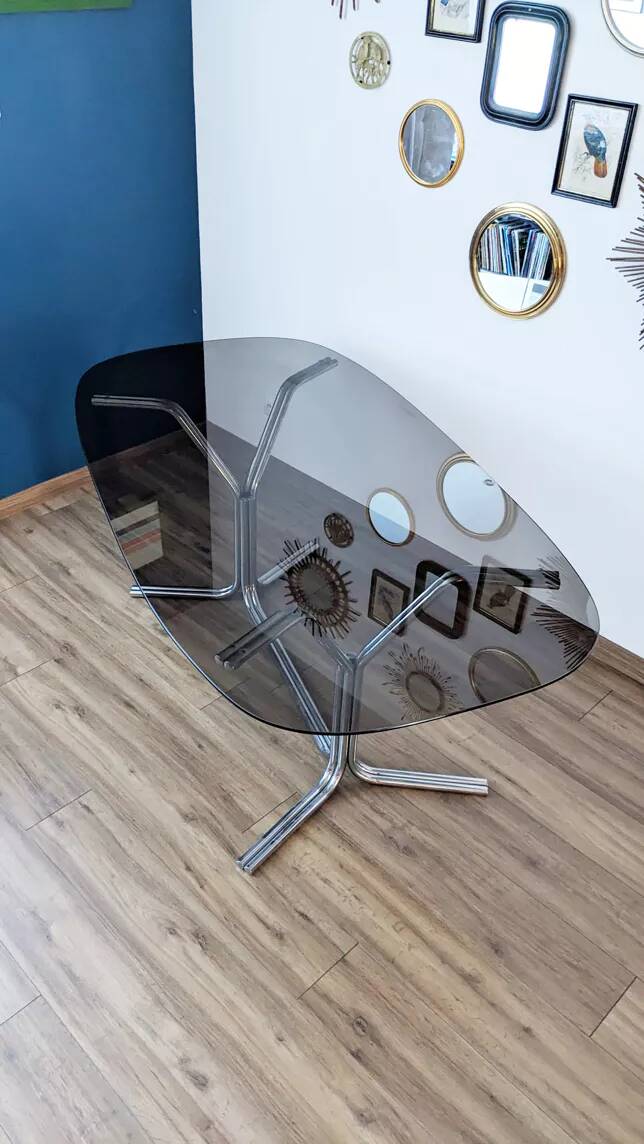 Large chrome and smoked glass dining table DLG Gaston Rinaldi