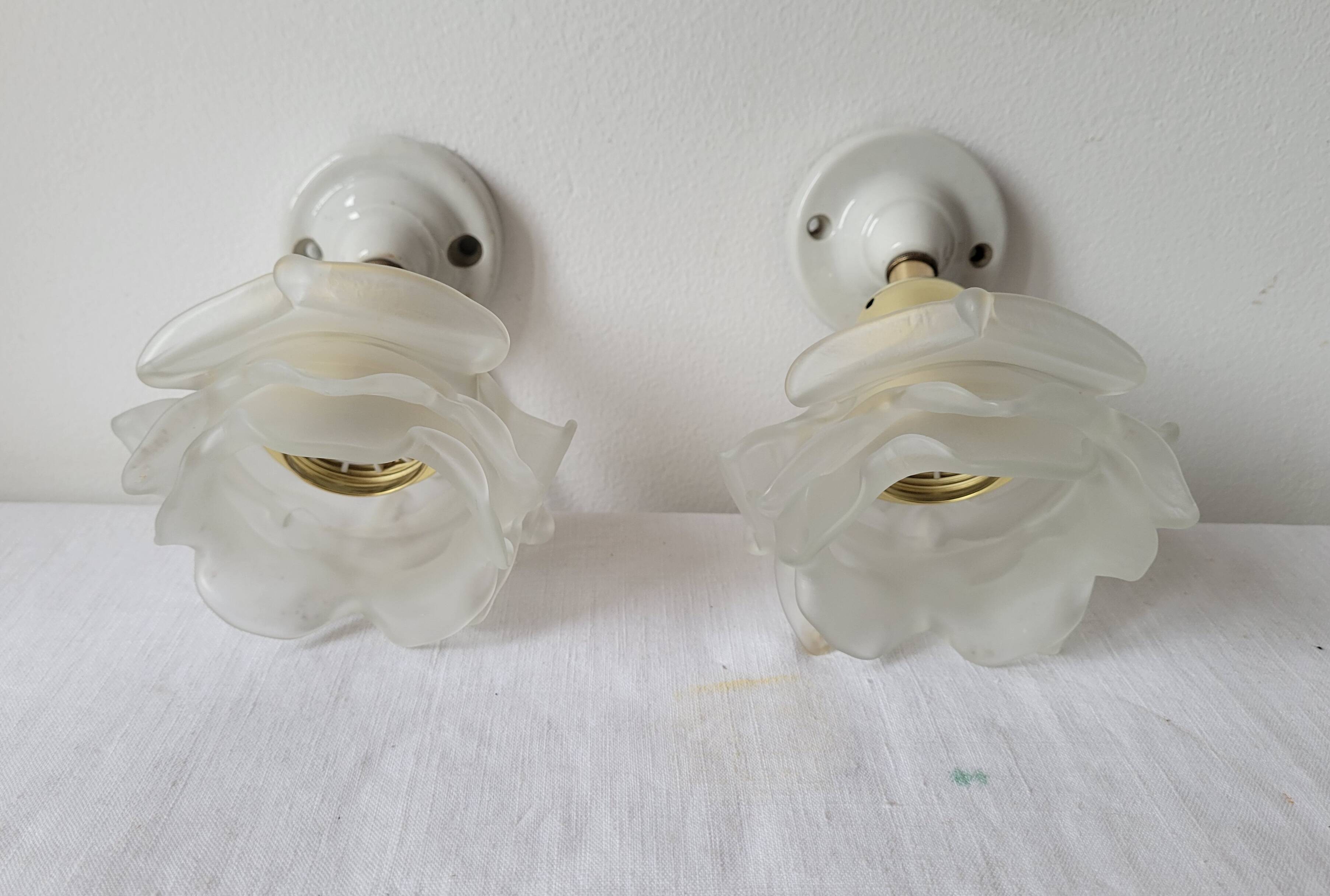 Duo of glass and porcelain flower wall lights