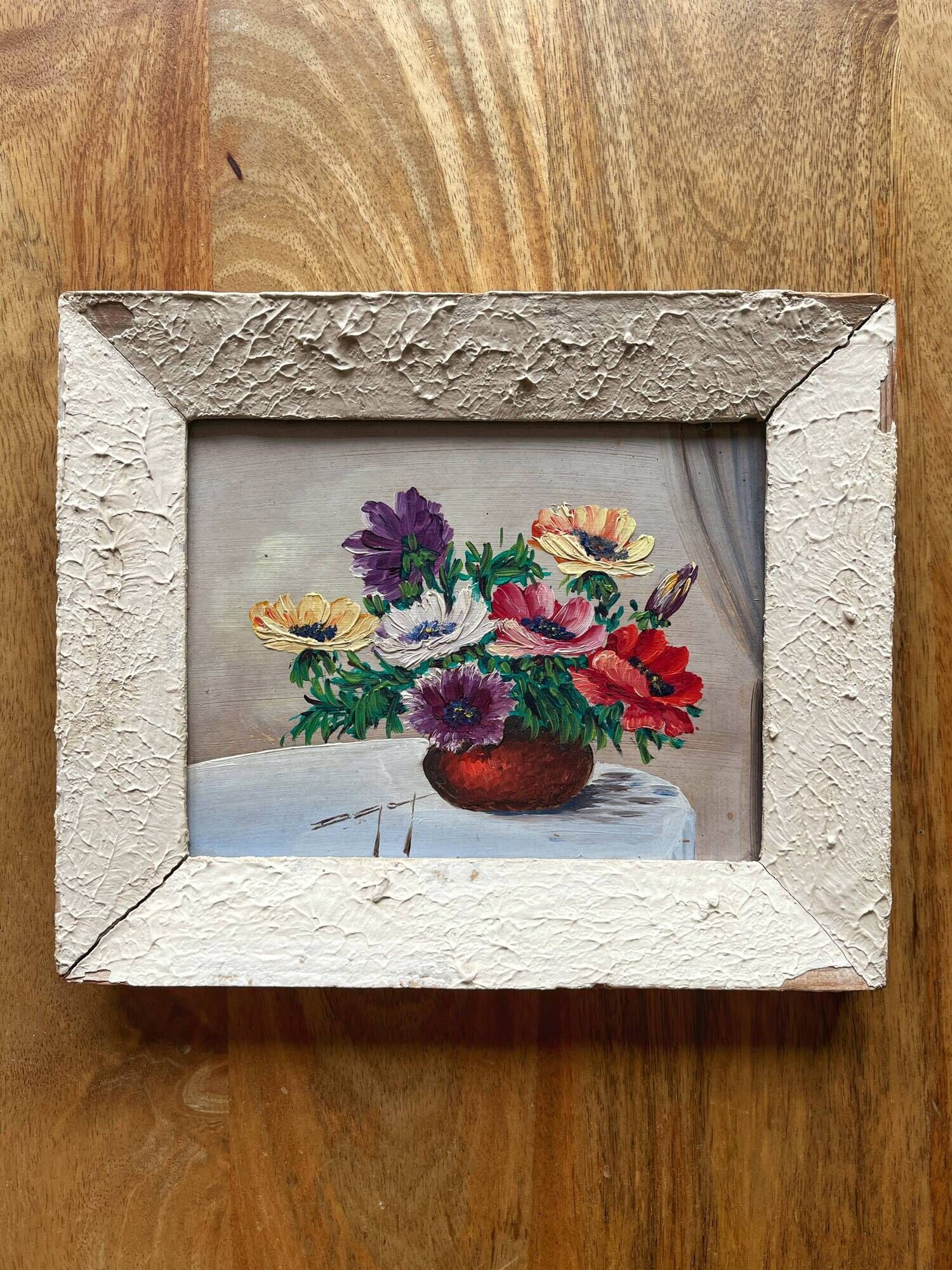 Painting framed bouquet of anemones signed