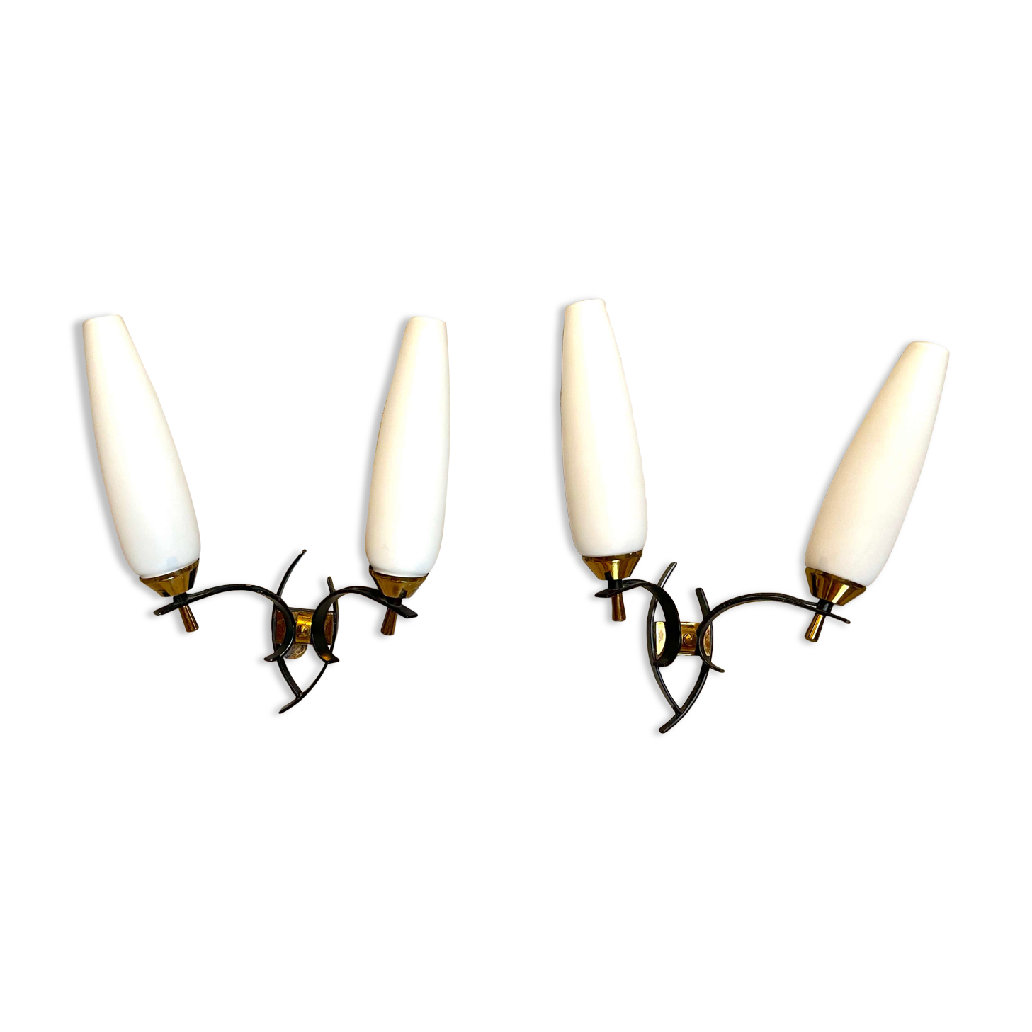 Maison arlus black and brass sconces with white opaline, france - a pair