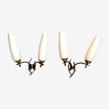 Maison arlus black and brass sconces with white opaline, france - a pair