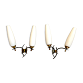 Maison arlus black and brass sconces with white opaline, france - a pair