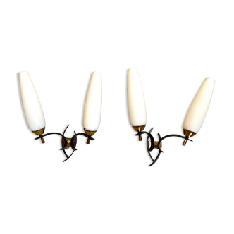 Maison arlus black and brass sconces with white opaline, france - a pair