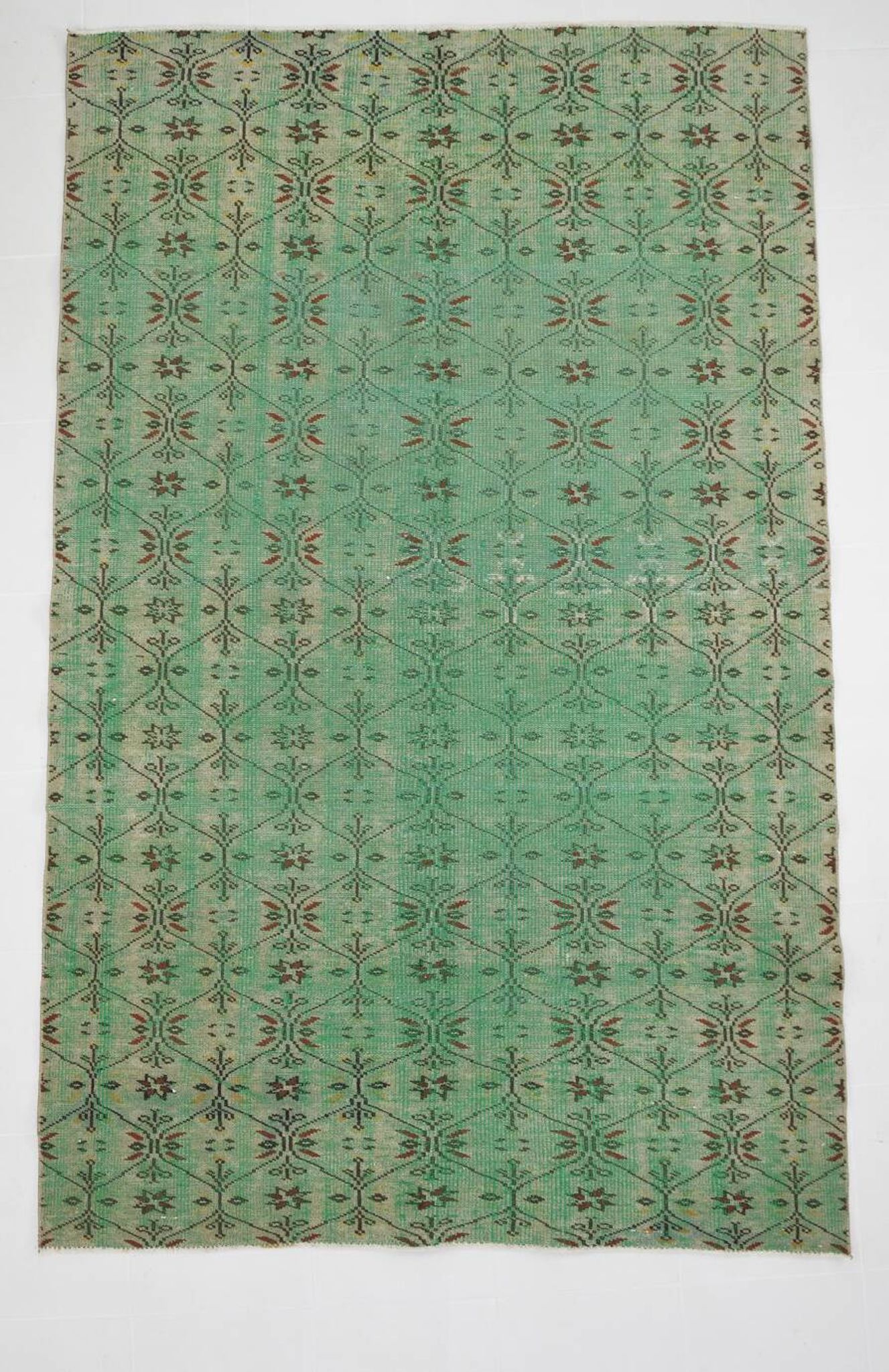 6x9 Vintage Green Geometric Pattern Anatolian Vintage Rug, 179x283 Cm