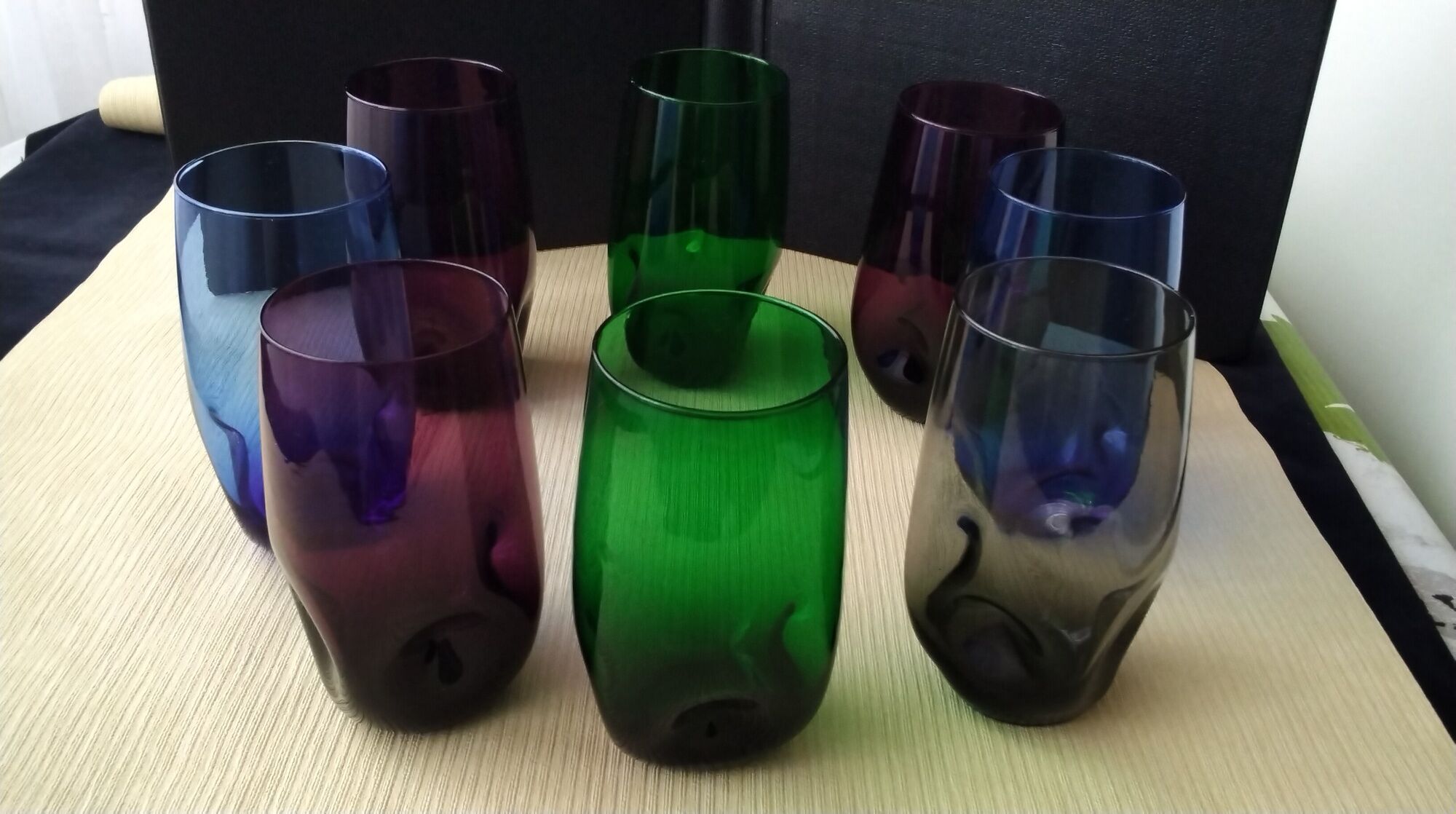 Set of 8 glasses cups high shape blown glass in different colors vintage