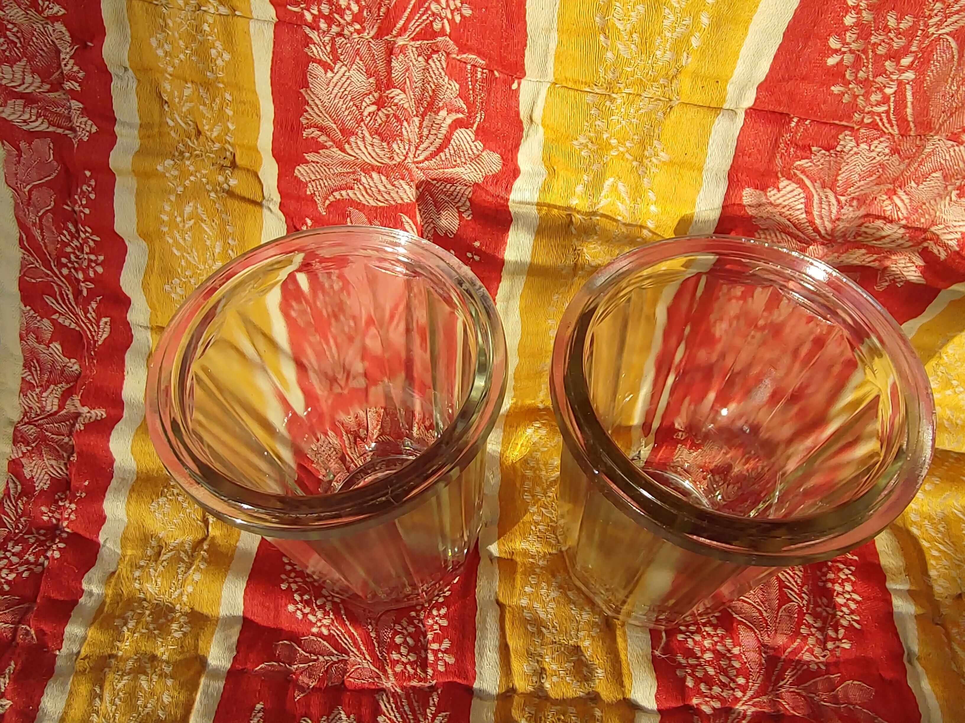 2 antique glass jam jars with ribs