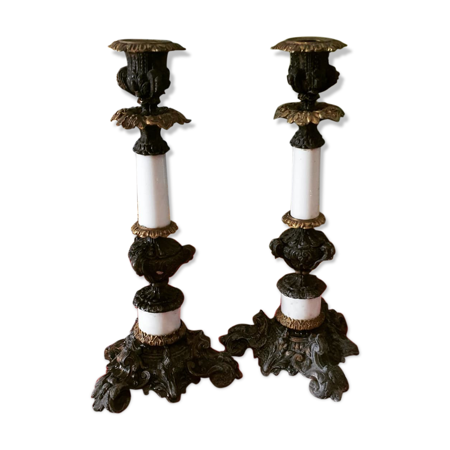 Pair of bronze and brass church candle holders