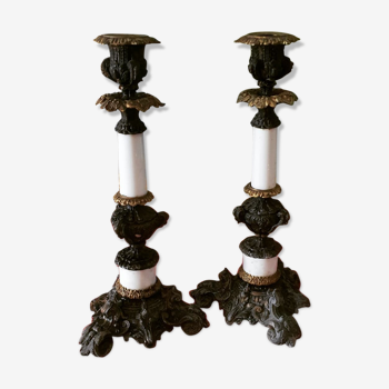 Pair of bronze and brass church candle holders