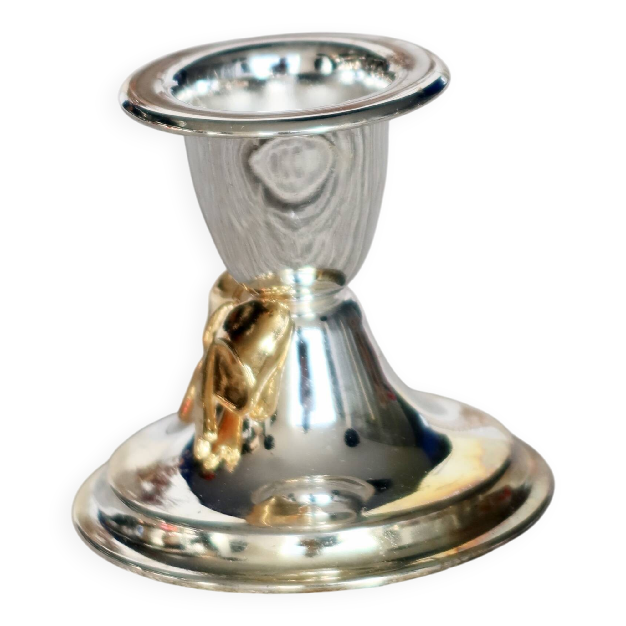 Small vintage silver-plated metal candlestick with a gold bow