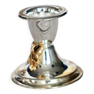 Small vintage silver-plated metal candlestick with a gold bow