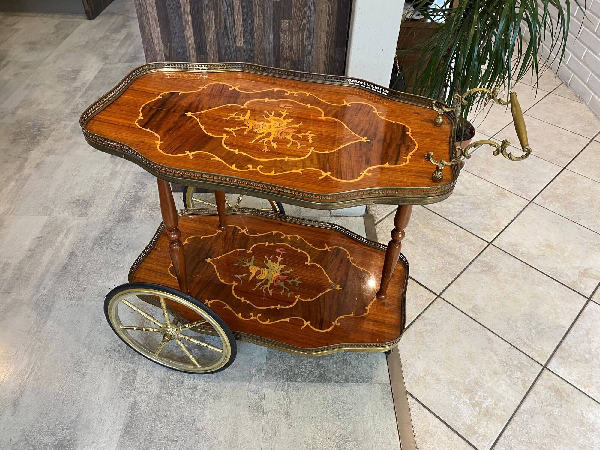 3-wheel serving trolley with 2 shelves, vintage bar marquetry on wheels, 50s