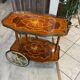 3-wheel serving trolley with 2 shelves, vintage bar marquetry on wheels, 50s