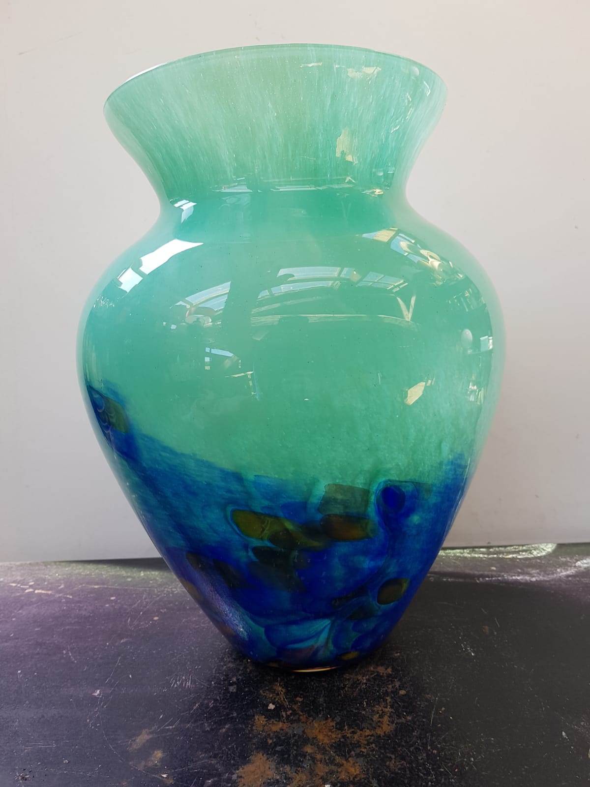Ancien vase cristallerie la rochere multicouche vert & bleu vintage