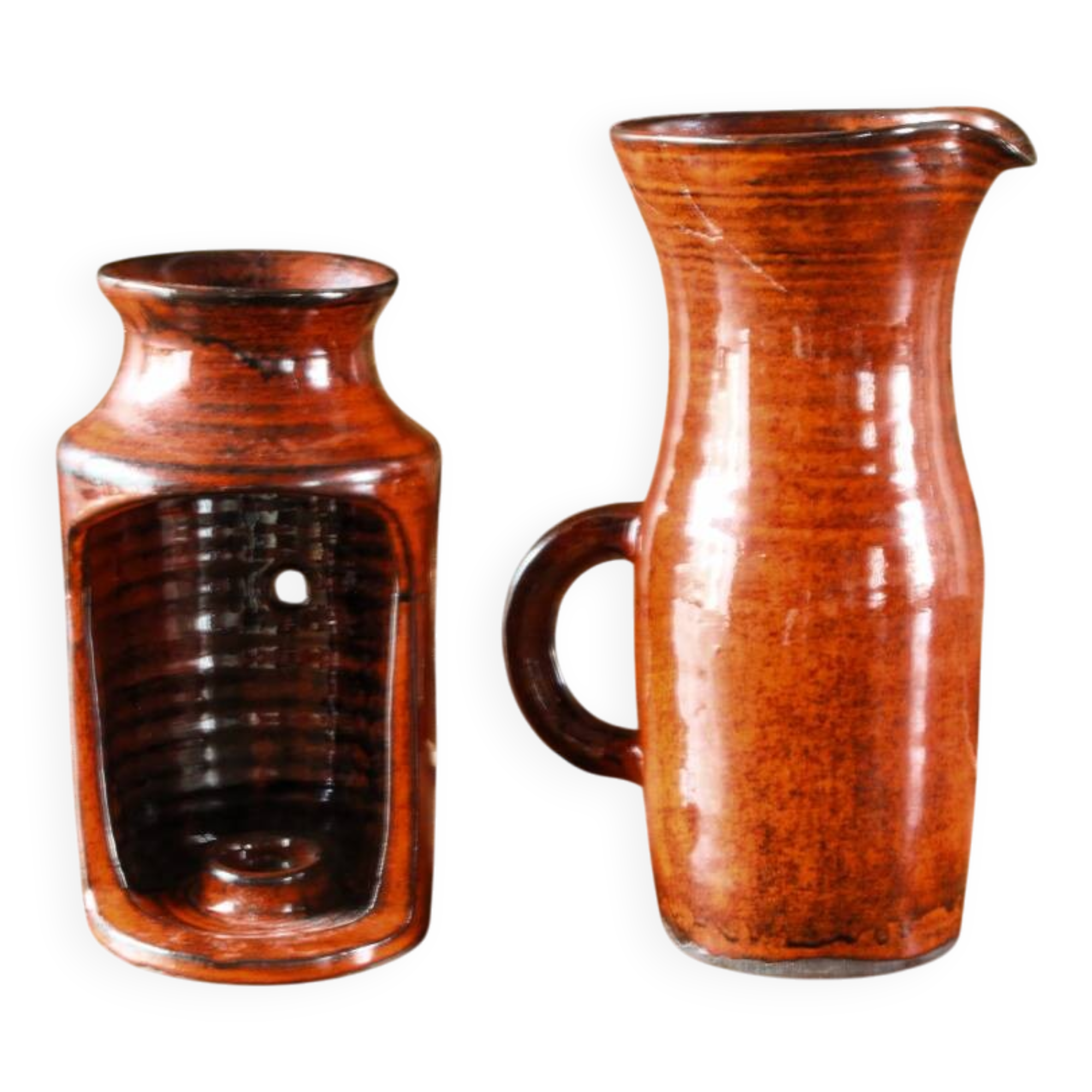 Signed orange ceramic candle holder and jug
