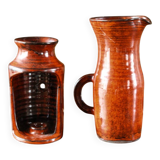 Signed orange ceramic candle holder and jug